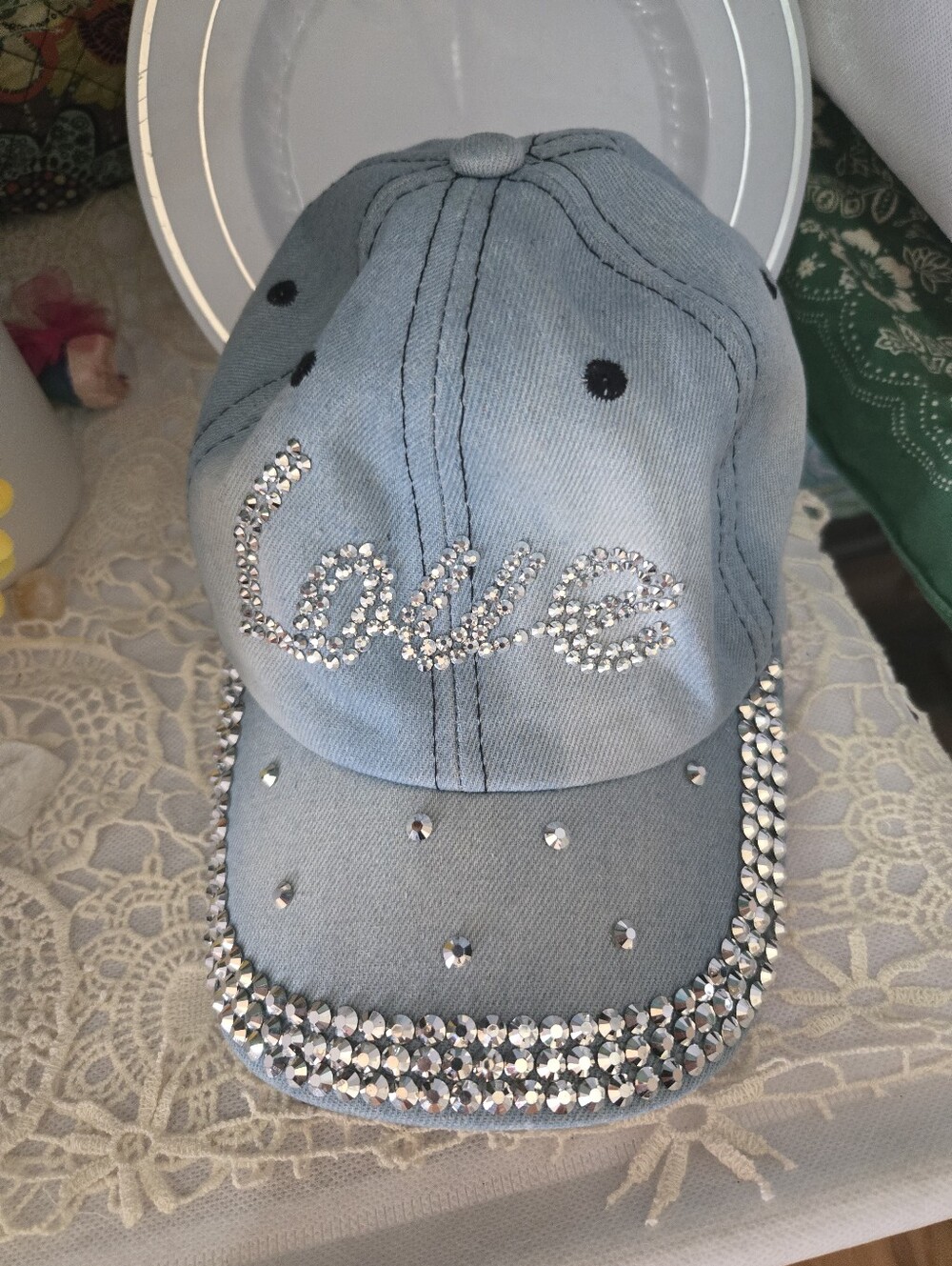 4/$15 Y2K Light Blue Rhinestone “Love” Denim Baseball Cap Bedazzled McBling 00s